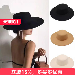 白色法式高级感平顶礼帽女春秋冬夏英伦驼色平沿骑士宽檐毛呢帽子