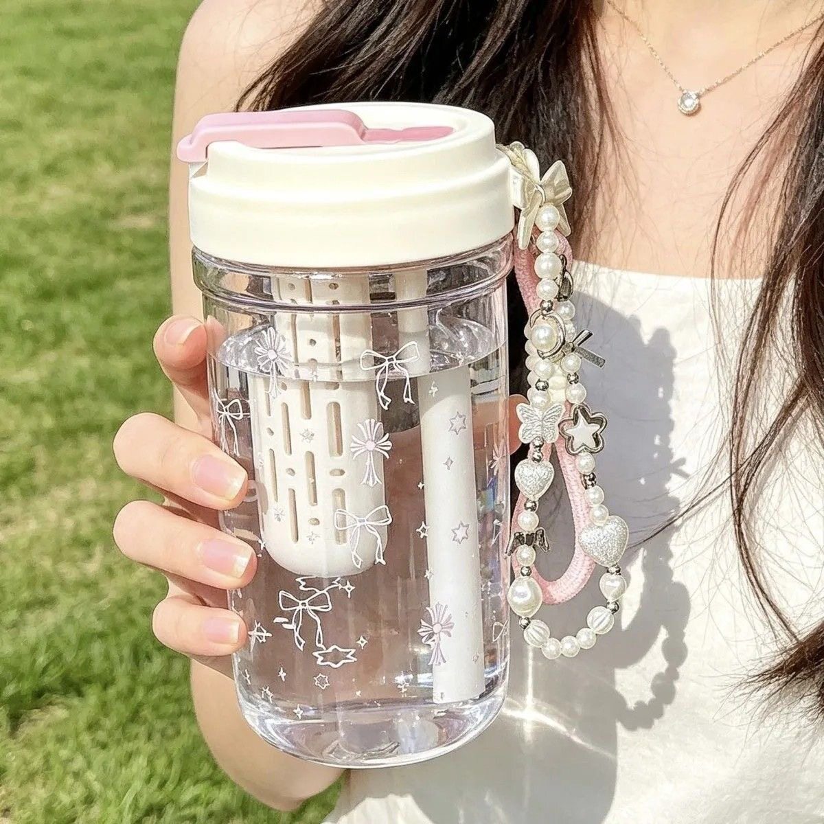 ins风蝴蝶结吸管杯子女生高颜值塑料透明便携式学生双饮水杯夏日图片