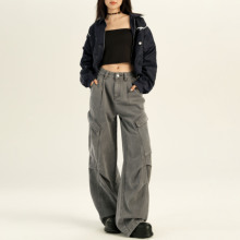 worxurnn/无须美式复古多口袋皱褶工装牛仔裤秋冬宽松百搭阔腿裤