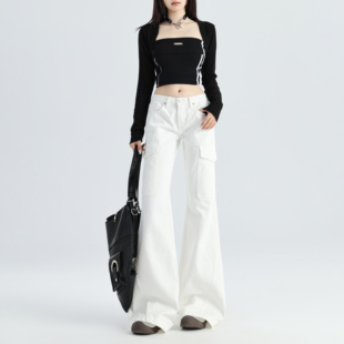 牛仔裤 辣妹白色中腰微喇工装 女设计口袋显瘦 无须美式 worxurnn