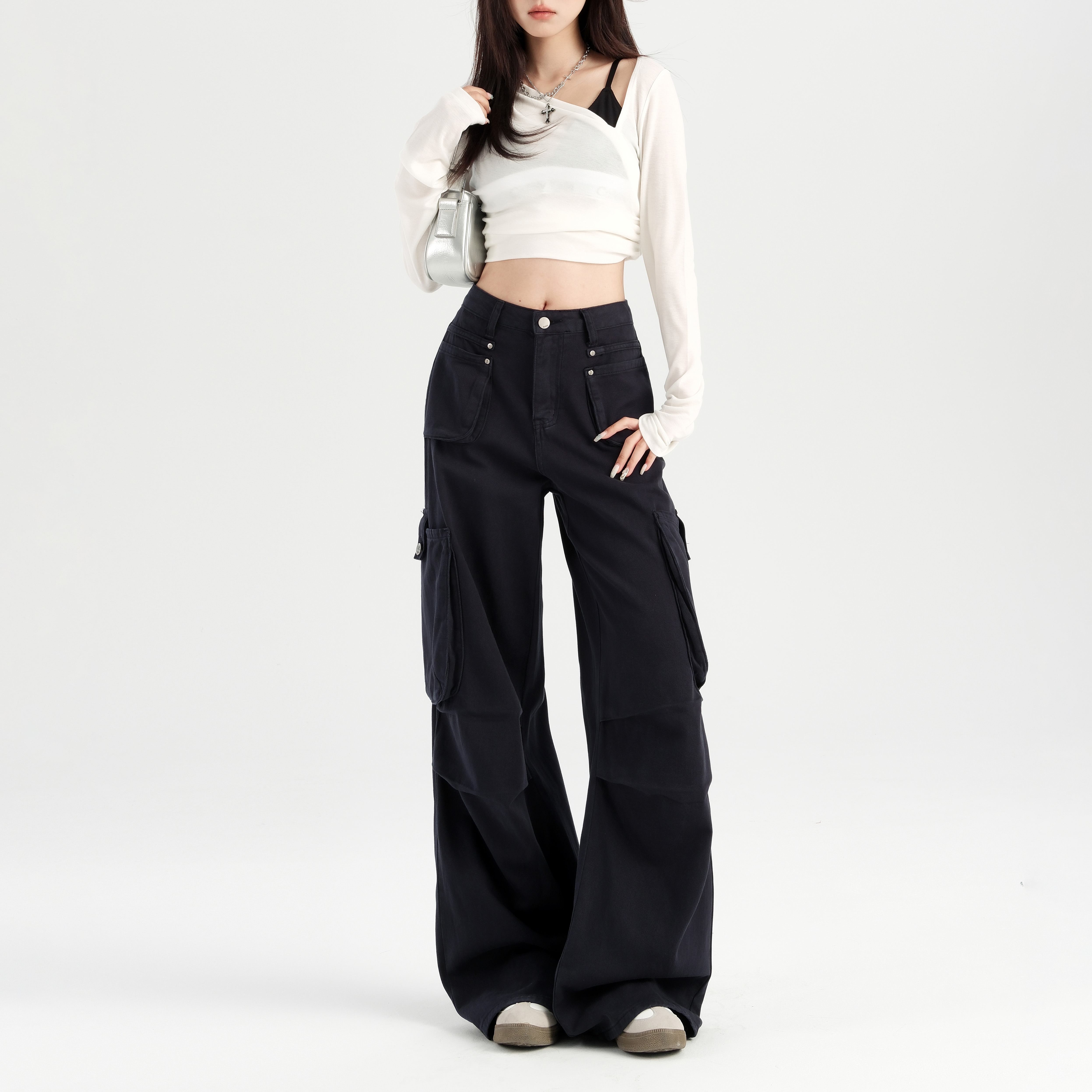 worxurnn/无须美式藏青色工装裤女秋高腰多口袋宽松阔腿牛仔裤