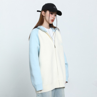 worxurnn 无须撞色拼接翻领潮牌复古宽松春秋小众针织外套上衣