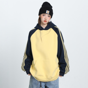复古男女款 美式 潮牌卫衣 无须连帽条杠撞色拼接插肩袖 worxurnn