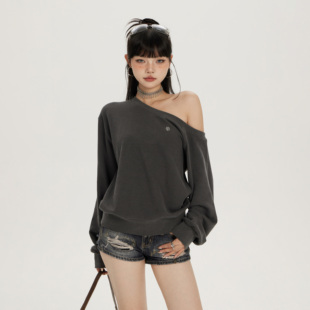 worxurnn 秋冬复古辣妹斜肩宽松卫衣百搭小众休闲上衣 无须美式