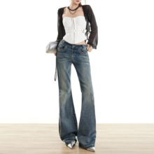 worxurnn/无须美式辣妹低腰紧身猫须弹力牛仔裤做旧水洗微喇长裤