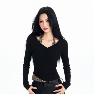 worxurnn/无须豹纹拼接挂脖假两件T恤女修身显瘦休闲时尚打底上衣