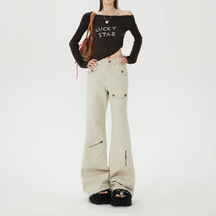 worxurnn/无须美式设计感多口袋微喇直筒高腰牛仔裤拖地工装裤女