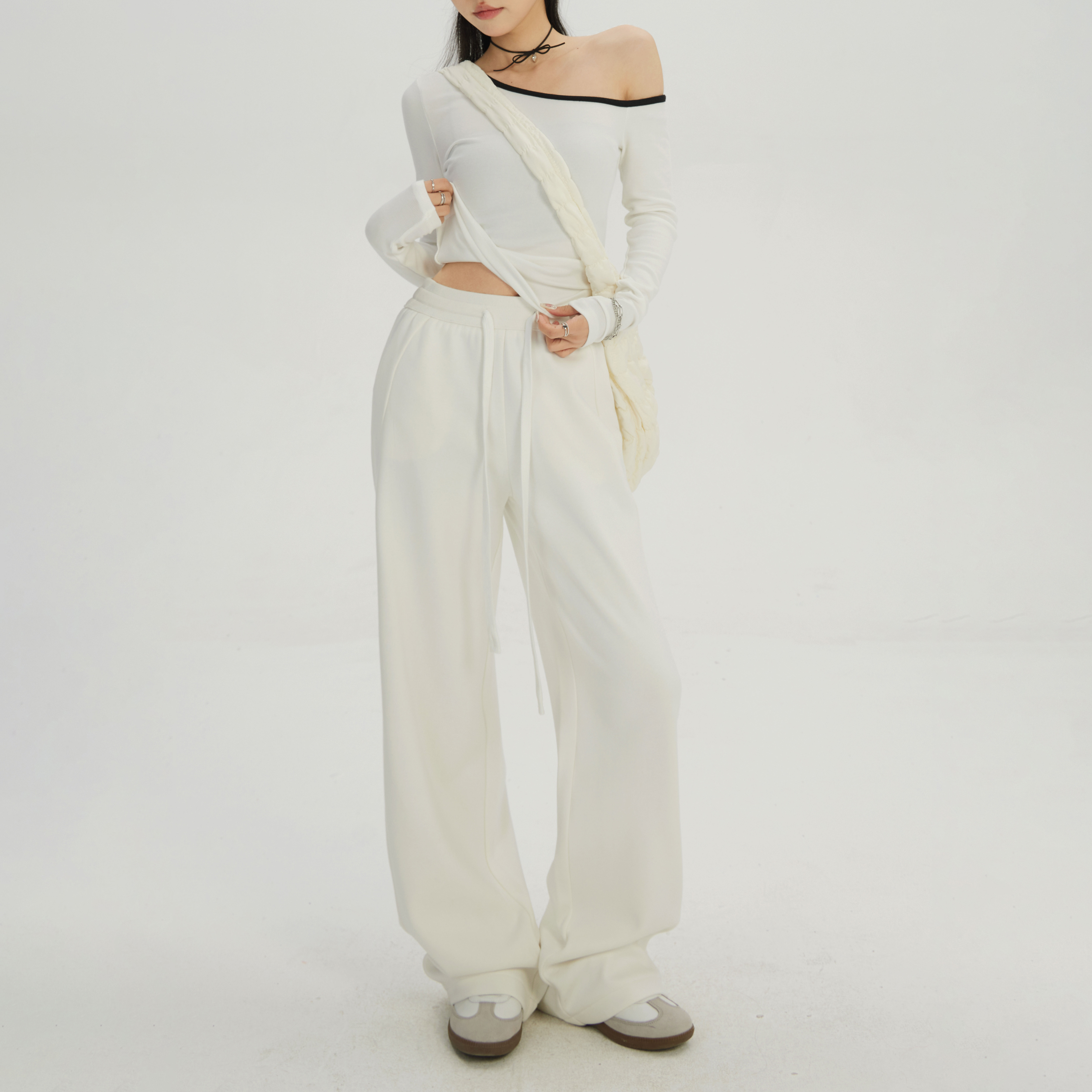 无须白色阔腿裤加绒加厚直筒宽松