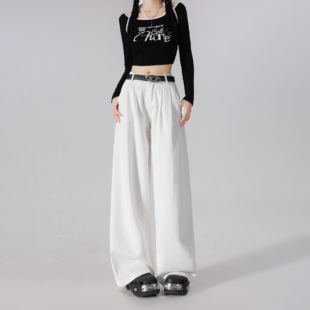 worxurnn/无须美式白色褶皱辣妹宽松直筒高腰阔腿垂感拖地裤