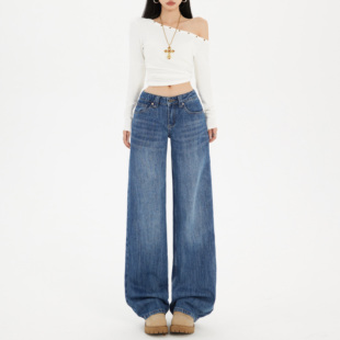 worxurnn/无须美式复古低腰宽松阔腿裤百搭通勤直筒显瘦牛仔裤女