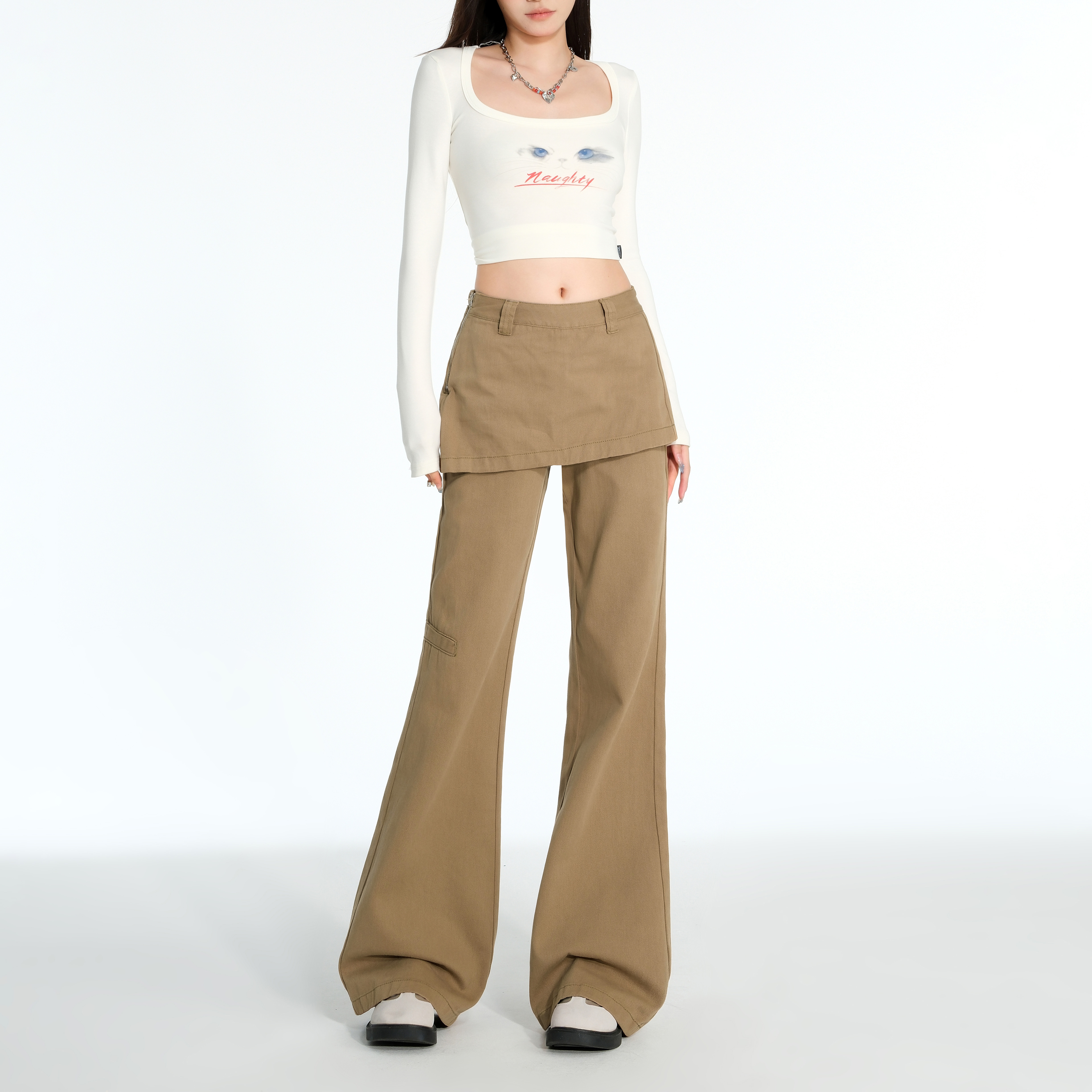 worxurnn/无须复古假两件设计宽松女秋百搭纯欲休闲微喇工装裤