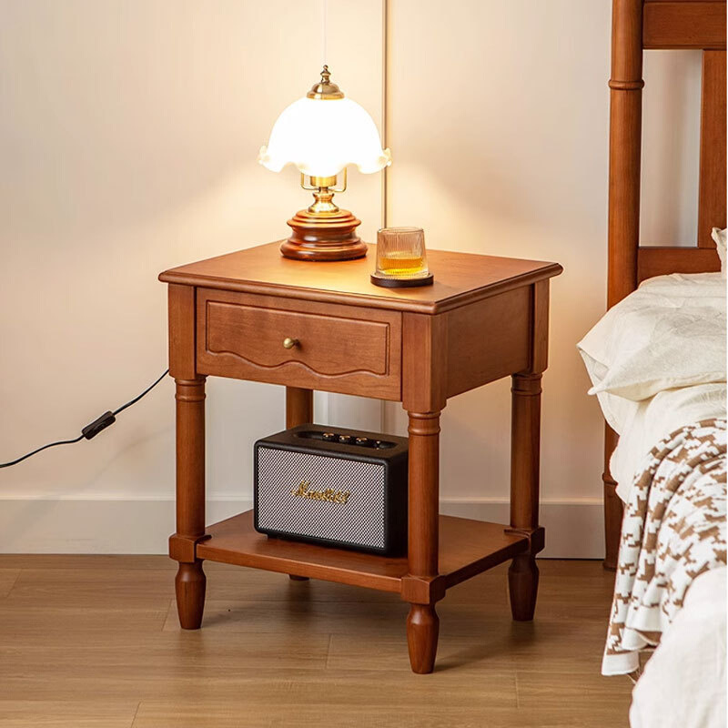 樱桃木复古色床头柜北欧法式简约全实木主卧中古风小户型床边柜