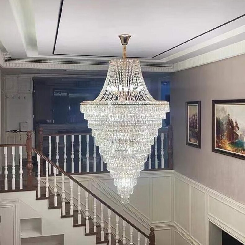 复式楼大吊灯别墅客厅中空简约楼中楼跃层长水晶旋转楼梯灯