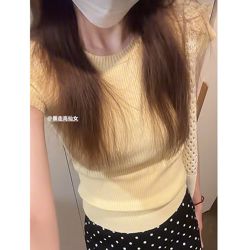 高个子纯欲薄款圆领针织短袖女竖坑条加长T恤修身显瘦打底衫上衣