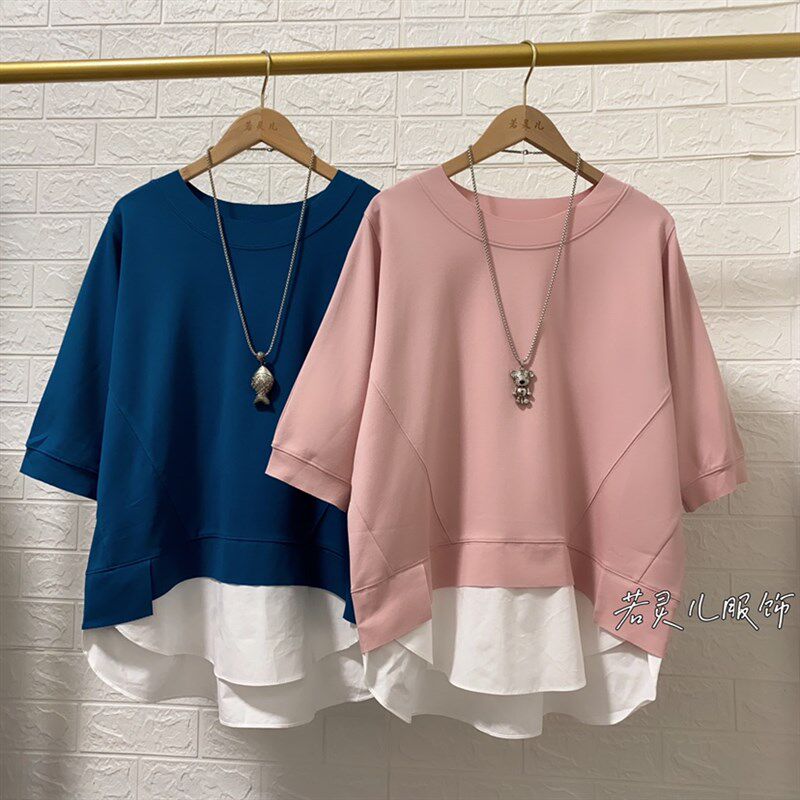 春夏新款韩版下摆拼接五分袖T恤宽松休闲遮肚显瘦大码女装上衣