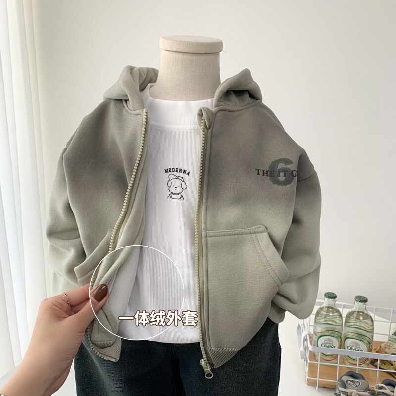 男童一体绒连帽外套秋冬装儿童韩版渐变上衣时尚中小童卫衣开衫潮