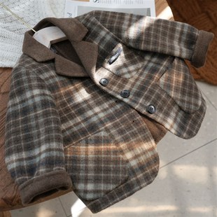 高定男童双面羊绒短款西装秋冬羊毛呢洋气大衣休闲格子纯手工外套