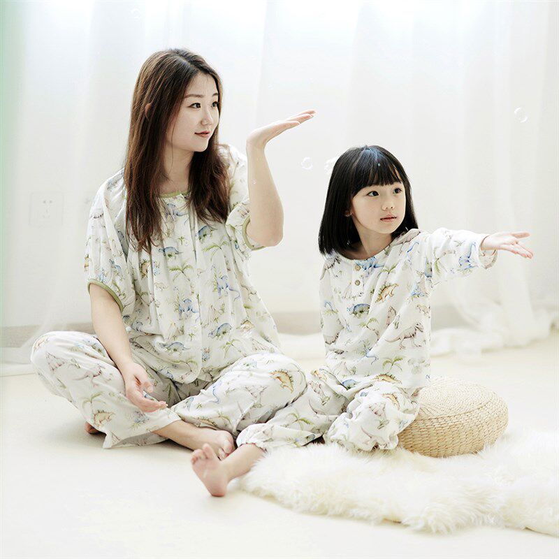 亲子家居服!双层竹棉纱布宝宝空调房睡衣妈妈分体长裤套装薄款