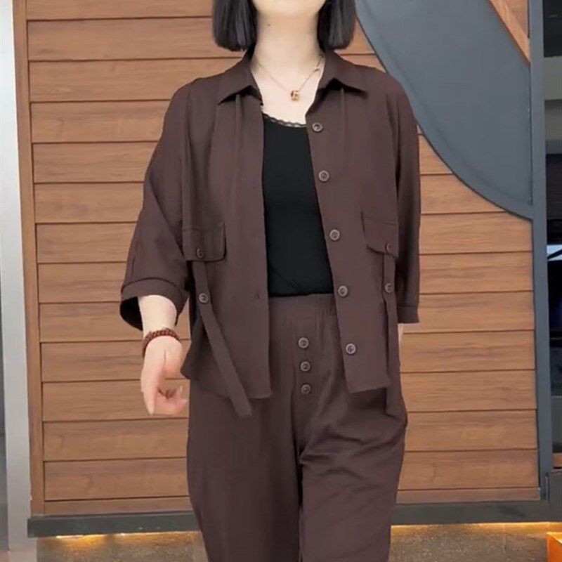 夏季新款时尚翻领纯色洋气套装上衣加裤子两件套薄款年轻妈妈装