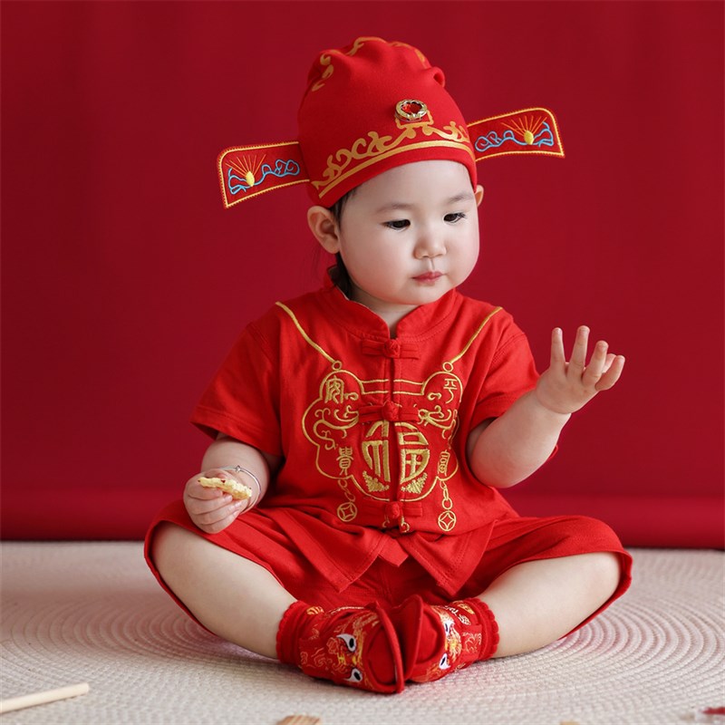 男宝宝一周岁礼服纯棉套装夏季婴儿抓周衣服唐装中国风周岁晏薄款