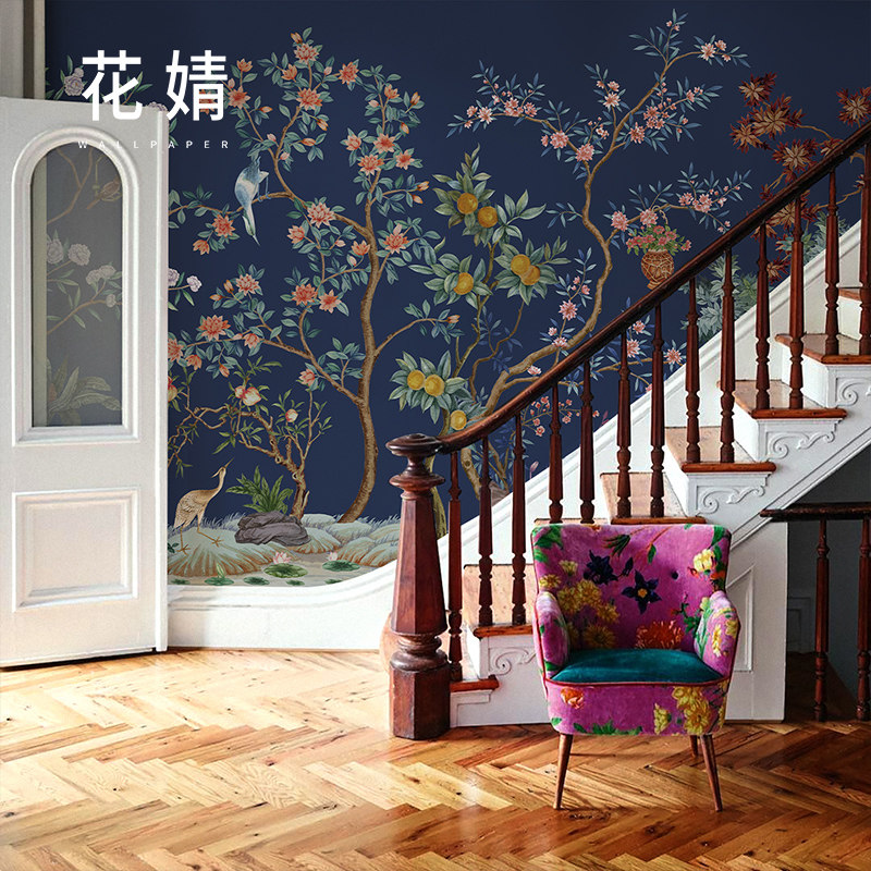 墙布定制法式花鸟电视背景墙纸壁纸美式民宿客厅卧室轻奢高端壁画