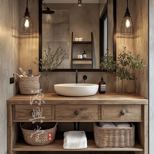 侘寂风实木浴室柜组合卫生间洗漱台民宿中古风洗漱台洗手池洗脸盆