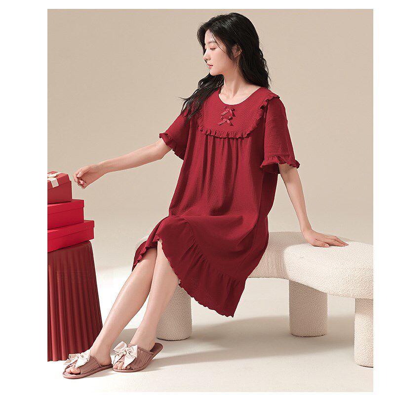 带胸垫睡裙女夏短l袖纯棉中长款薄款红色睡衣结婚本命年家居服夏