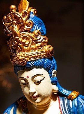 新中式水月观音摆件佛桌百财旺宅彩绘自在观音菩萨供奉禅意饰品