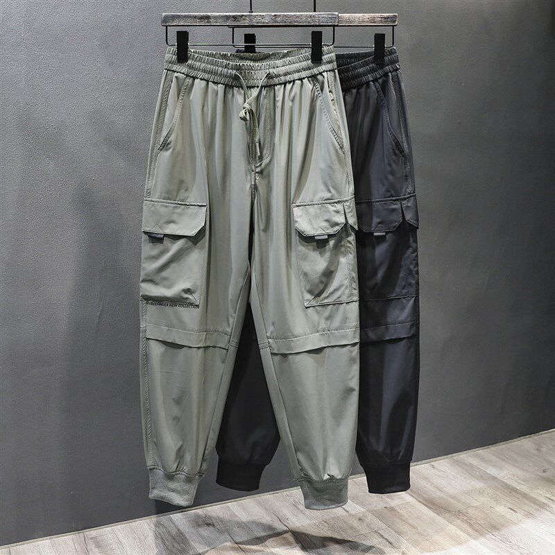 光面冰丝男裤束脚裤子夏季宽松薄款哈伦运动裤男款潮流工装休闲裤