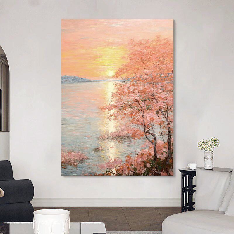 大芬村奶油风手绘客厅q玄关装饰画北欧风景肌理画卧室书房日出挂