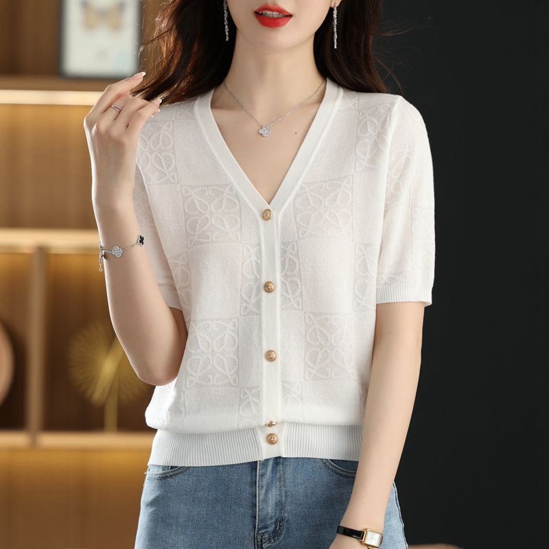 时尚减龄冰丝开衫女短袖t恤2025年夏季新款针织薄款V领配裙子上衣
