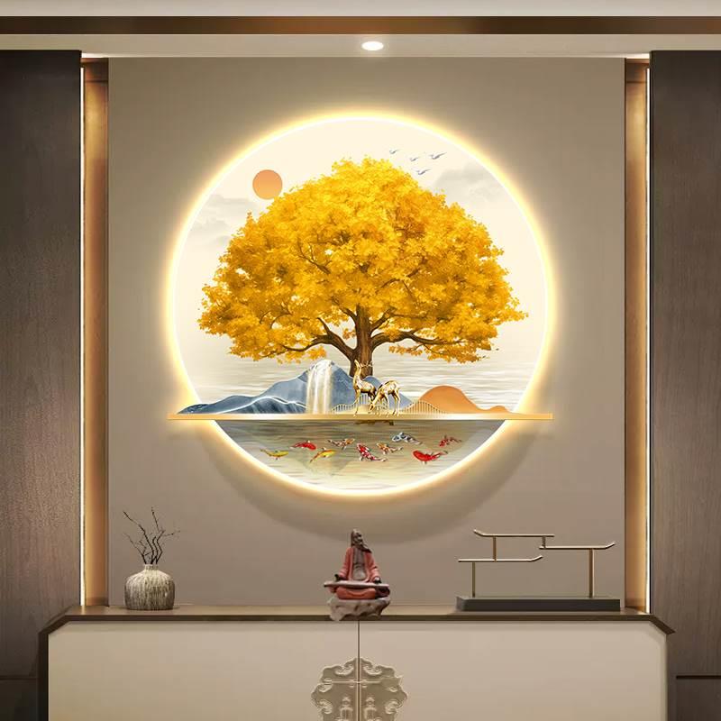 发财树入户玄关装饰画走廊挂画招财进F宝金色餐厅圆形带灯客厅壁图片