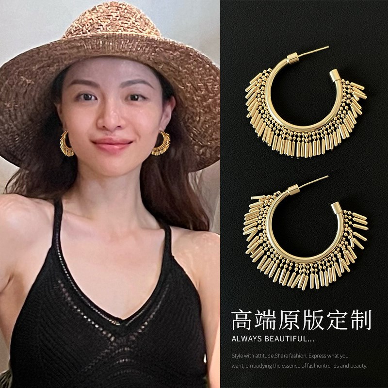 轻奢小众金色耳夹女无耳洞高级独特流苏耳环新款爆款时尚夸张耳饰
