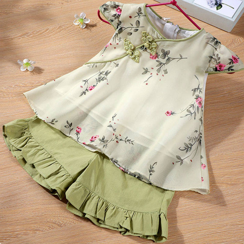 童装女童套装夏装2023新款网红唐装时髦韩版汉服潮洋派短裤两件套