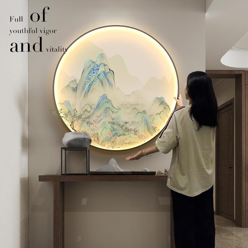 新中式玄关装饰画千n里江山图客厅圆形灯画入户走廊过道背景墙挂图片