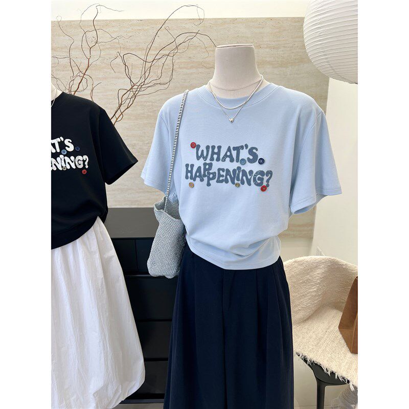 宽松正肩夏季纽扣小众设计圆领女打底衫上衣小个子新款短袖t恤女