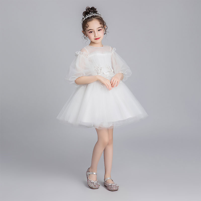 女童晚礼服公主裙蓬蓬纱小花童婚纱洋气泡泡袖小女孩儿童主持人白