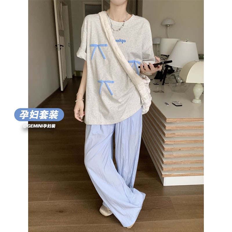 孕妇装短袖t恤女夏季薄款t印花衣服上衣大码宽松阔腿裤套装两件套
