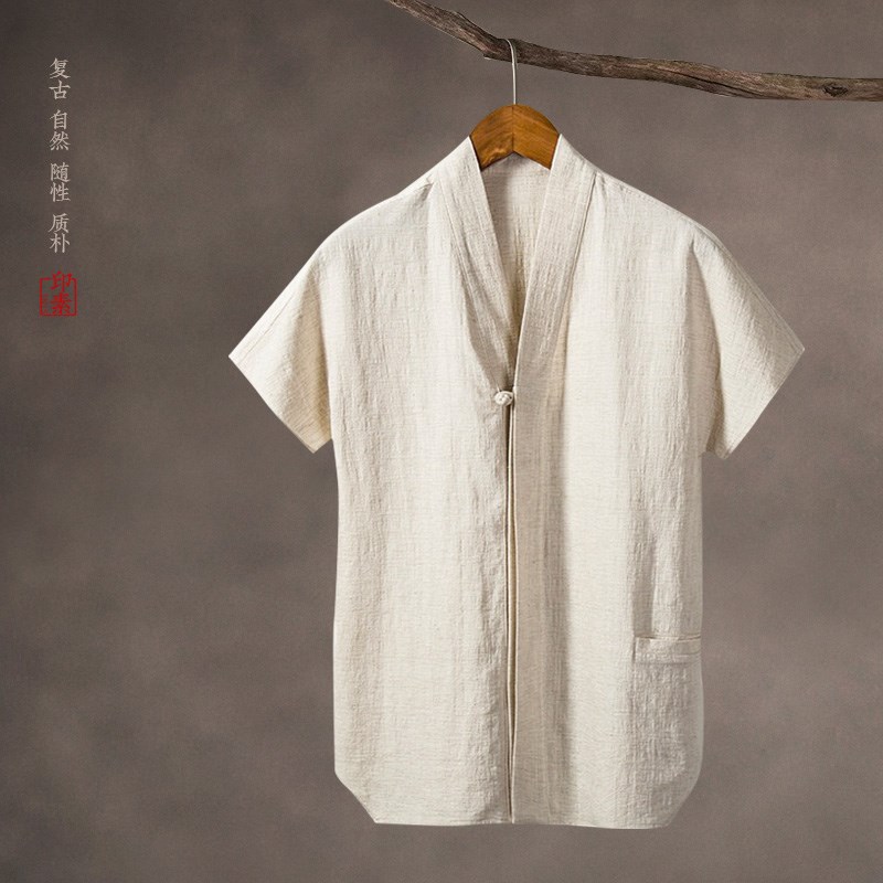 夏季薄款中国风男装短袖盘扣棉麻衬衫宽松汉服禅服中式禅意茶服