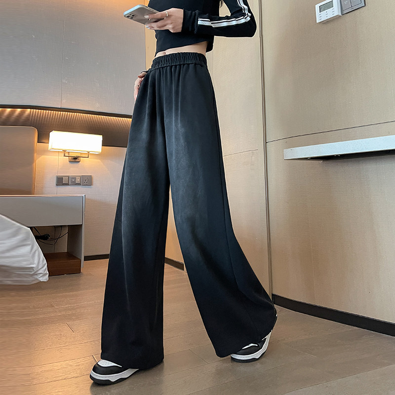 美式黑色加绒休闲裤女秋冬季大码胖mm高腰垂感阔腿裤运动直筒卫裤