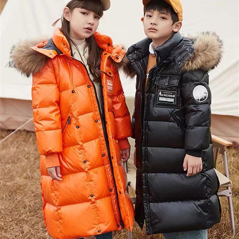 儿童长款羽绒服女童男童中长款加厚过膝到脚踝免洗女孩女大童洋气
