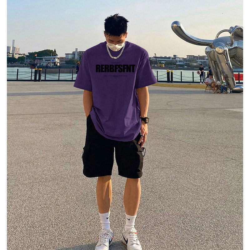 美式小众紫色短袖男款夏季重磅纯棉上衣百搭个性宽松休闲圆领t恤