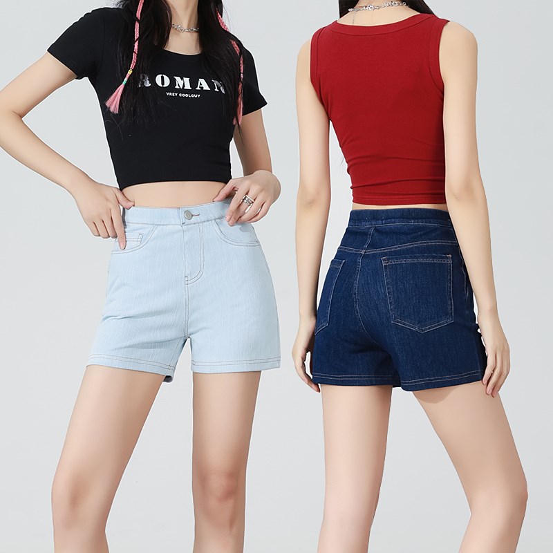 轻薄针织软牛仔短裤女高腰宽松2025年夏松紧腰弹力三分直筒裤热裤