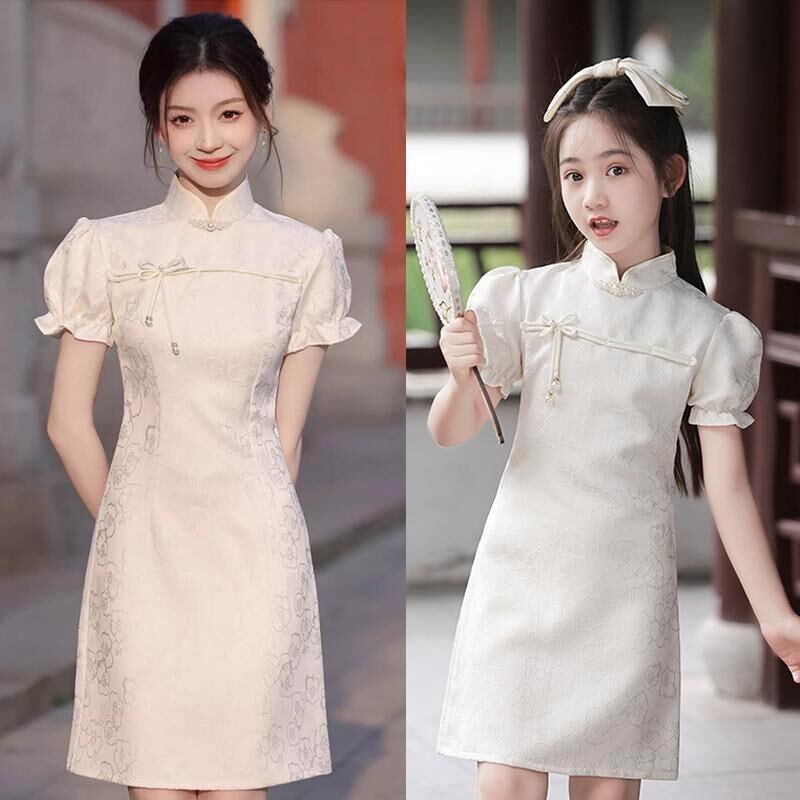 法式旗袍女童白色2025新款高级感优雅轻奢亲子母女装设计感连衣裙