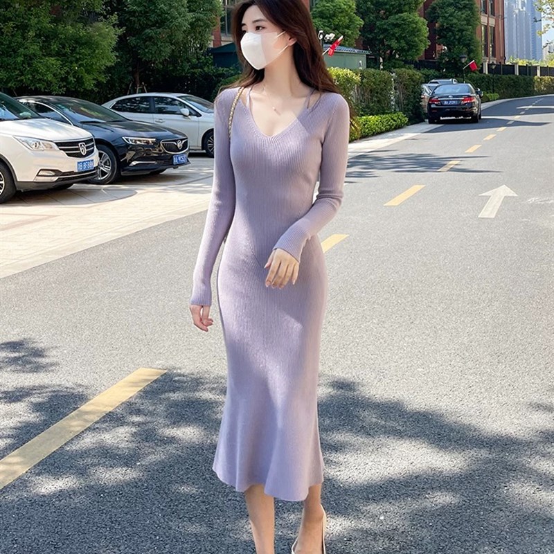 工厂直销针织连衣裙秋冬季女24新款收腰气质修身毛衣v领包臀裙子