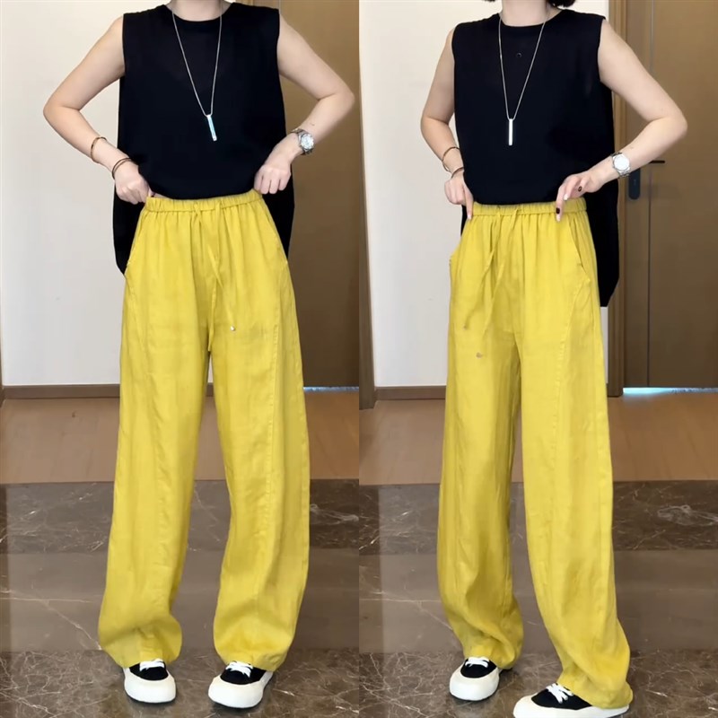 黄色阔腿休闲裤女2024年夏季薄款大码阔腿裤宽松显瘦直筒长裤子