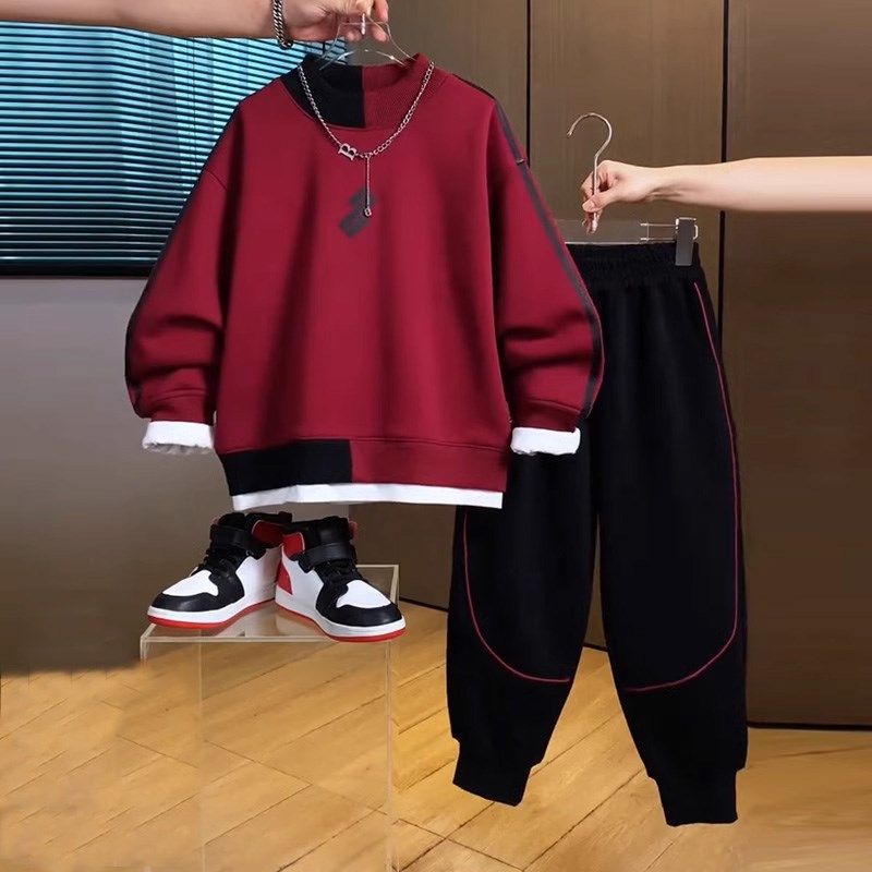 男童套装春装2025新款儿童卫衣假两件套宽松运动衣服春秋帅气潮酷