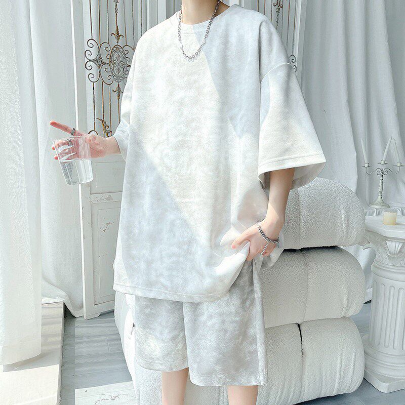 美式重磅扎染短袖t恤男夏季青少年运动套装国潮复古男装夏装一套