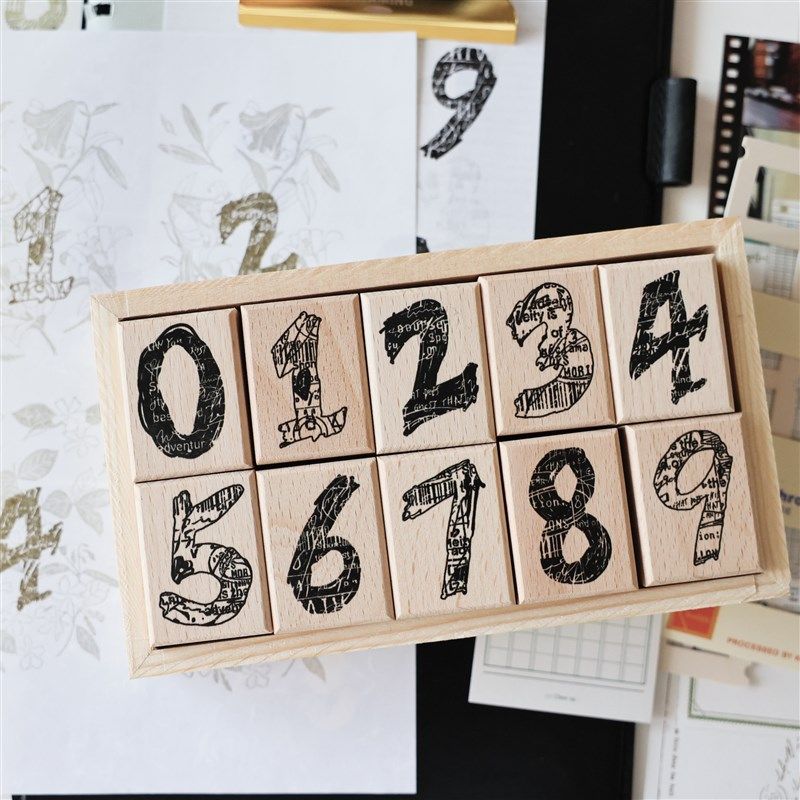 两只浣熊虎哥《斑驳数字》榉木树脂印章图章手账笨装饰日记记录