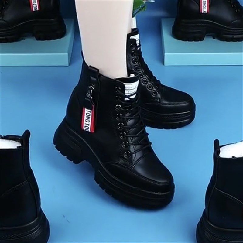 马丁靴女春秋单靴内增高小个子厚底D靴子软皮显瘦棉鞋冬季加绒短